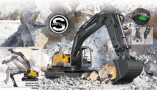 Excavadora Radio Control Volvo EC160E Metal 1:16 con Cubo y Martillo Neumatico 2,4GHz